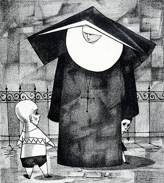 Nun and Boy, 1956, pen and ink on paper