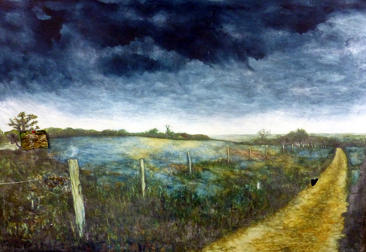 Untitled, oil on canvas, postcard and pushpin