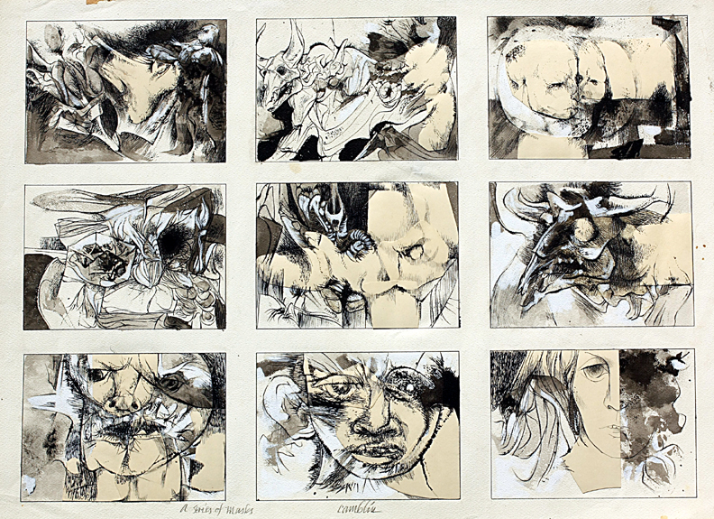 A Series of Masks, 30" x 22", pen and ink, mixed media on paper