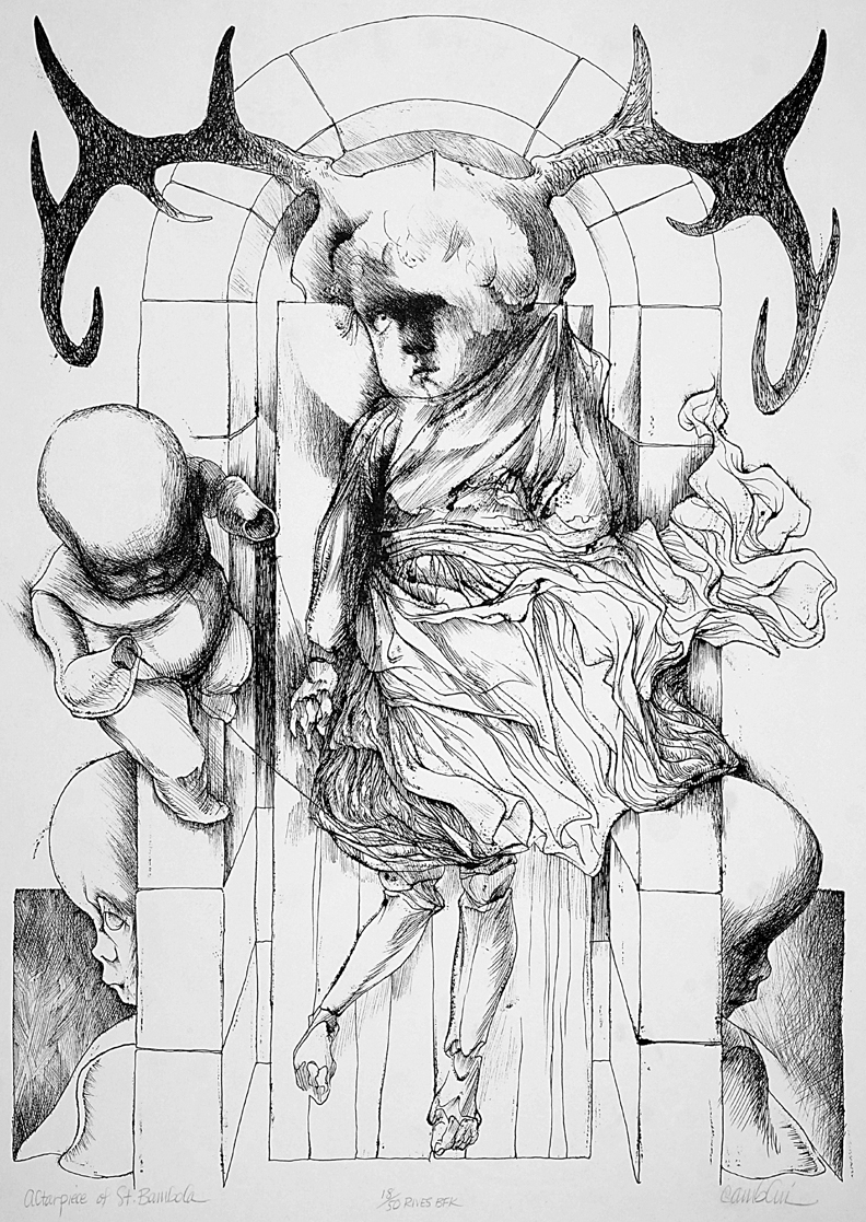 Title Altarpiece of St. Bambola Date c. 1960s Dimensions 22 x 30 in. Signature “camblin” Gallery Location Available for viewing State Original Rights © The Camblin Gallery Caption “18/50 Rives BFK”